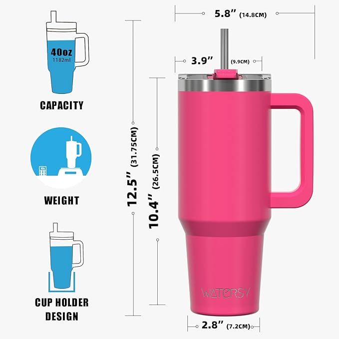 40 oz Tumbler with Handle,Tumbler with Lid and Straw,Double Wall Insulated Cup Stainless Steel Travel Mug(Cold for 34 Hours),Water Bottle for Iced Tea,Coffee,Cold Beverages(Gloss Pink)
