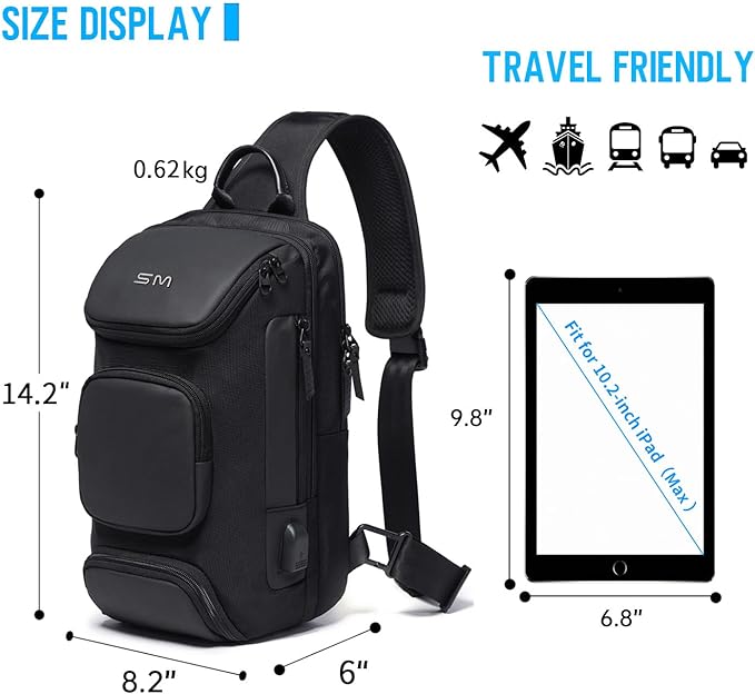 SMONT Sling Bag Crossbody for Men, 14.2 inch Anti Theft Waterproof Chest Shoulder Bag with USB Charging Port