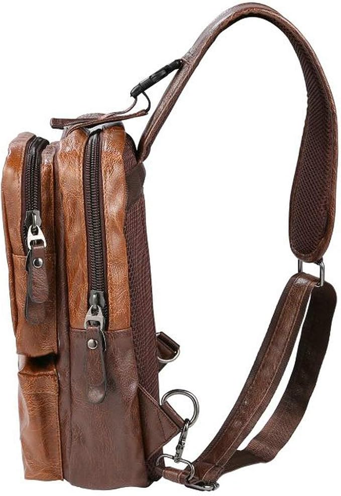 Men's Lightweight PU Leather Sling Bag - Breathable Crossbody Pack with USB Charging Port & 6 Pockets, Easy Access Organizer for Tablet/Gym Essentials - Commute, Travel, Work(Brown)