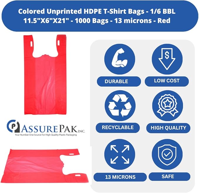 Easy Open - 1000 Bags - Colored Unprinted HDPE T-Shirt Bags - 1/6 BBL 11.5"X6"X21" - 13 microns - Red - Perfect for Groceries, Shopping and Retail Stores LOOP-RED-EO