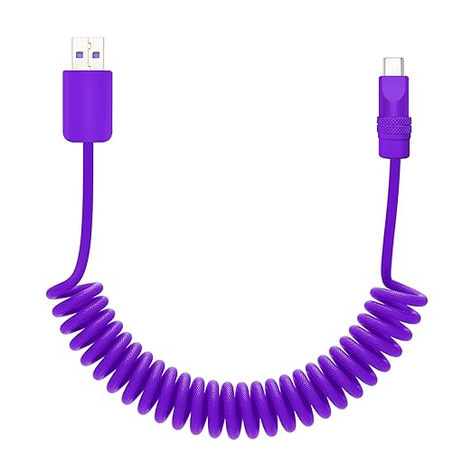 chubbycable Curly Chubby Retractable Fast Charging Cable 120W Coiled Charger Cord for Car Durable USB C Cable Compatible with iPhone 16/15 Series, Purple+Purple, USB-A to Type-C, 1.3FT-2.3FT