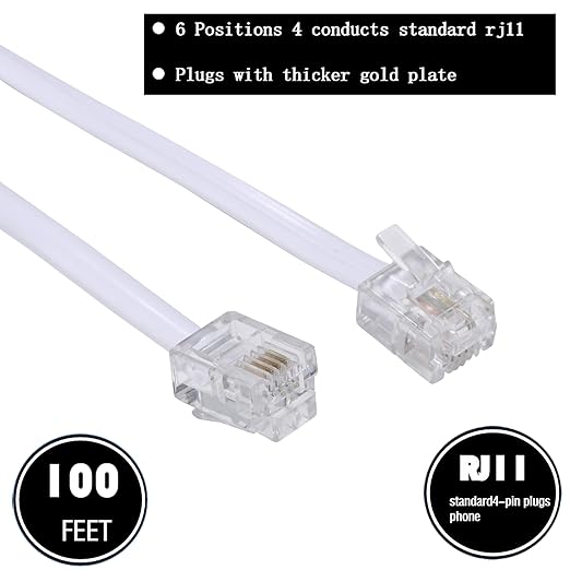 100Feet Long Telephone Extension Cord Phone Cable Line Wire, with Standard RJ11 Plug and 1 in-Line Couplers and 35Cable Clip Holders-White