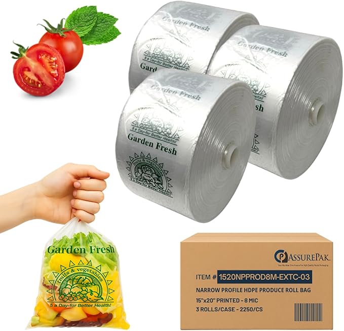 Clear Produce Bags Roll - 2250 Bags - 15"x20" – (3 Rolls, 8 Microns) – for Grocery, Small Business, Reusable Produce Use, Food & Storage Needs, Garden Fresh, Narrow Profile, Kitchen Use