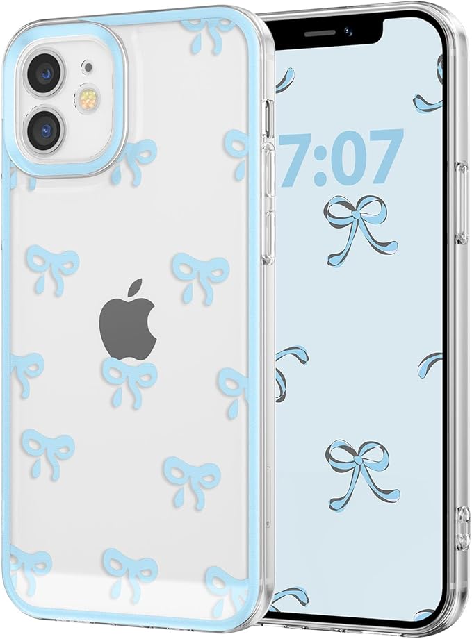 EYZUTAK Case for iPhone 12, Clear Cute Ribbon Bowknot Pattern Aesthetic Transparent Phone Case Raised Camera Protection Stylish Slim Soft Durable TPU Protective Cover for Women Girls - Blue