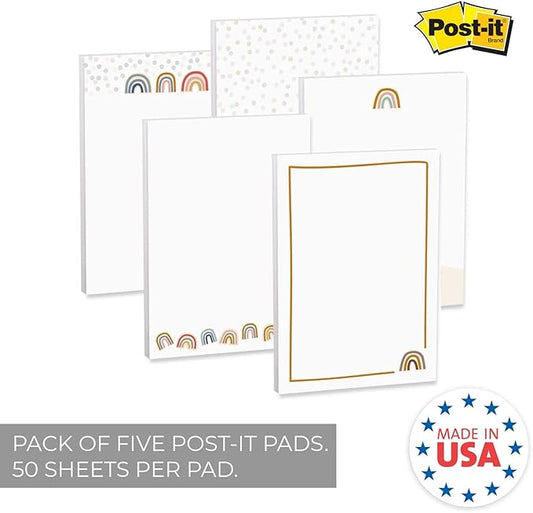 Modern Rainbow Sticky Note Pads / 4" x 6" Repositionable Trendy Boho Rainbow Sticky Notes / 50 Sheets Per Pad/Set of 5 Designs/Made in USA