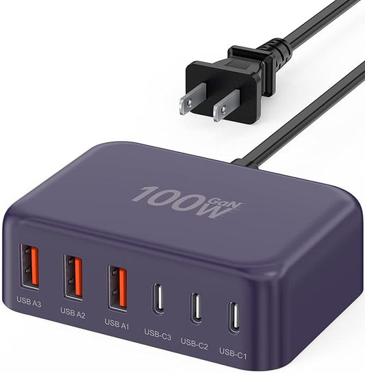 USB C Fast Charger, 100W GaN 6 Port Type C Charging Station Hub Block Cube, USB C Wall Charger Power Strip Adapter Plug for iPad iPhone 16 15 14 13 12 Pro Max Pixel Note Galaxy, 5ft Cord