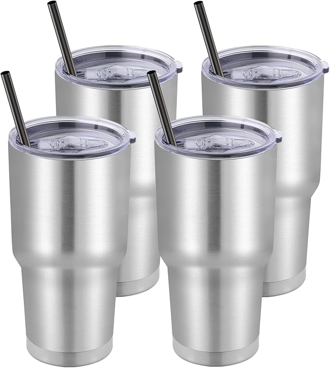 DOMICARE 30 oz Tumbler with Lid and Straw, Stainless Steel Tumblers Bulk, Insulated Vacuum Double Wall Travel Coffee Mug, Durable Powder Coated Tumbler Cups (Stainless Steel, 4)