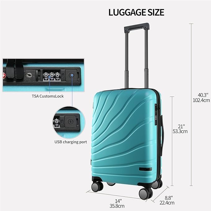 VANKEAN Carry On Luggage with Spinner Wheels & TSA Lock, Expandable Fashionable Hard Shell Suitcase airline approved，20 Inch Carry-On，Lake Blue