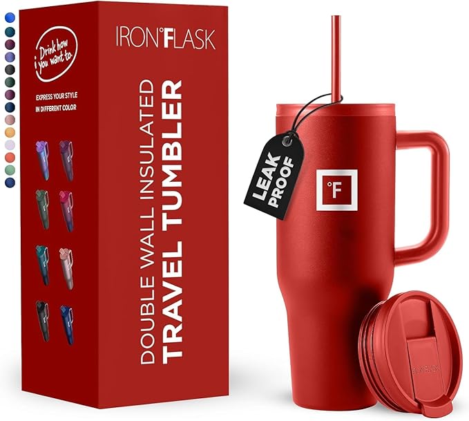 IRON °FLASK Co-Pilot Insulated Mug w/Straw & Flip Cap Lids - Cup Holder Bottle for Hot, Cold Drink - Leak-Proof- Water, Coffee Portable Travel Tumbler - Fire Red, 40 Oz