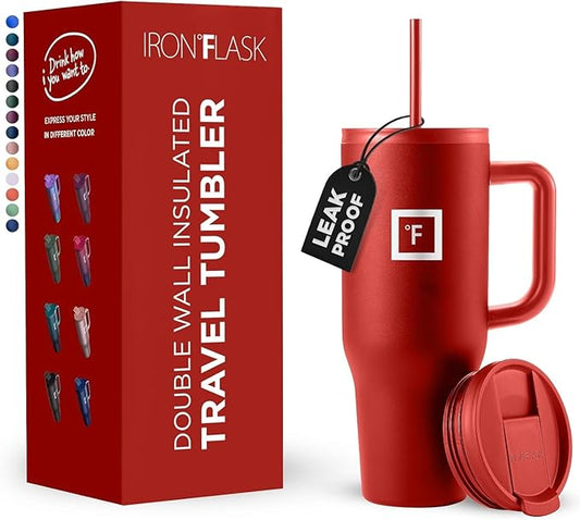 IRON °FLASK Co-Pilot Insulated Mug w/Straw & Flip Cap Lids - Cup Holder Bottle for Hot, Cold Drink - Leak-Proof- Water, Coffee Portable Travel Tumbler - Fire Red, 40 Oz