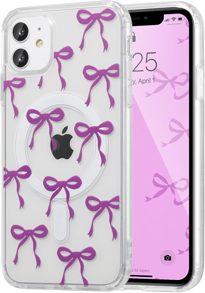 UEEBAI Magnetic for iPhone 11 Case, Bow Case Compatible with MagSafe, Wireless Slim Clear Ribbon Aesthetic Phone Cover Anti-Yellowing Shockproof Protective Cover for Women Girl - Purple