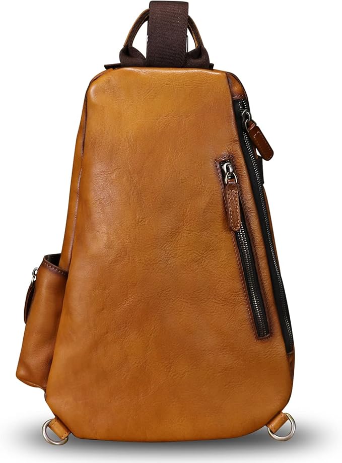 Genuine Leather Sling Bag Crossbody Purse Handmade Hiking Daypack Motorcycle Bag Retro Shoulder Backpack Vintage Chest Pack (Brown)