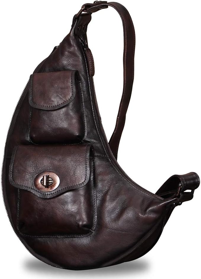 Genuine Leather Large Sling Bag for Men and Women Vintage Real Leather Sling Backpack Shoulder Crossbody Bag Chest Bag