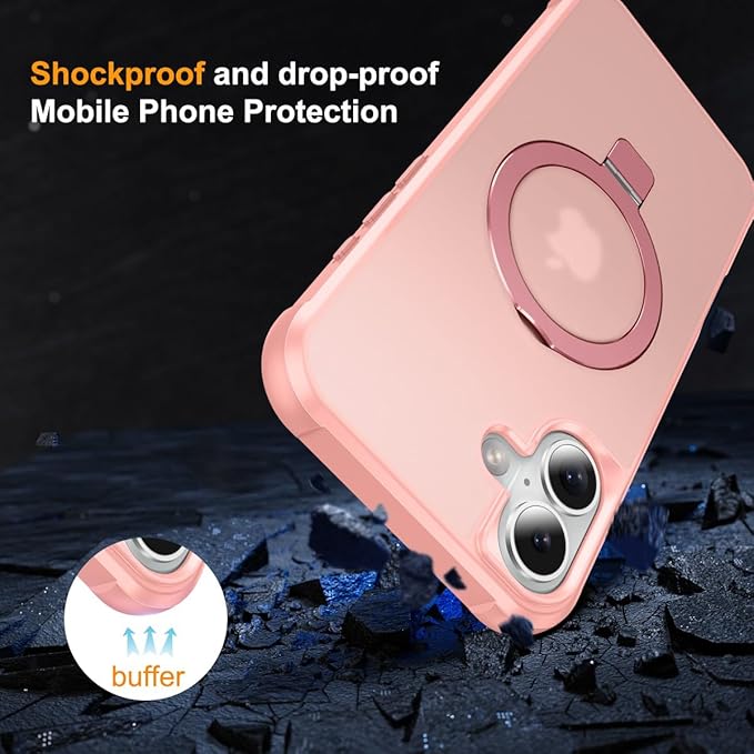 Magnetic Compatible with iPhone 16 Plus Case with Stand [Military Grade Drop Tested][Compatible with Magnet] Ring Translucent Slim Hard Back Soft Edge, Pink