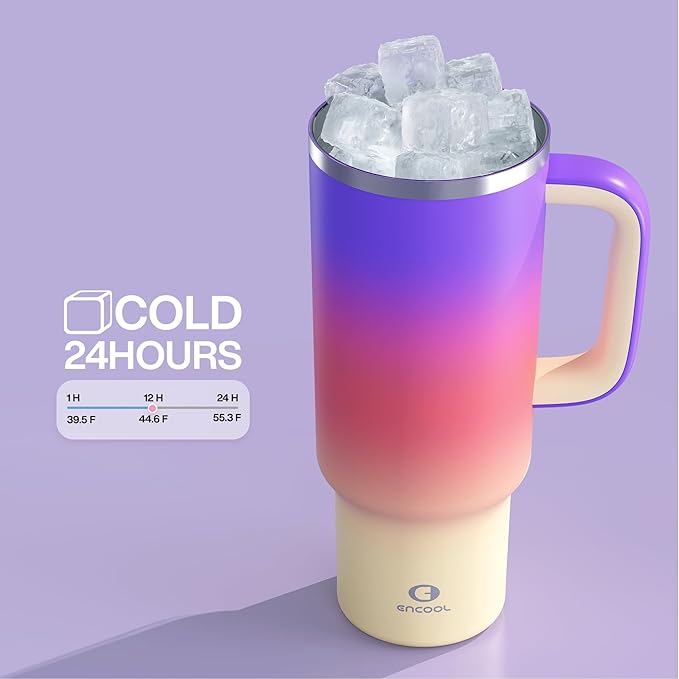 40 oz Tumbler with Handle and Straw: Stainless Steel Insulated Tumbler Keeps Cold for 24 Hours, Leakproof Travel Cup Fits in Cup Holder and BPA-Free, Peach Dream