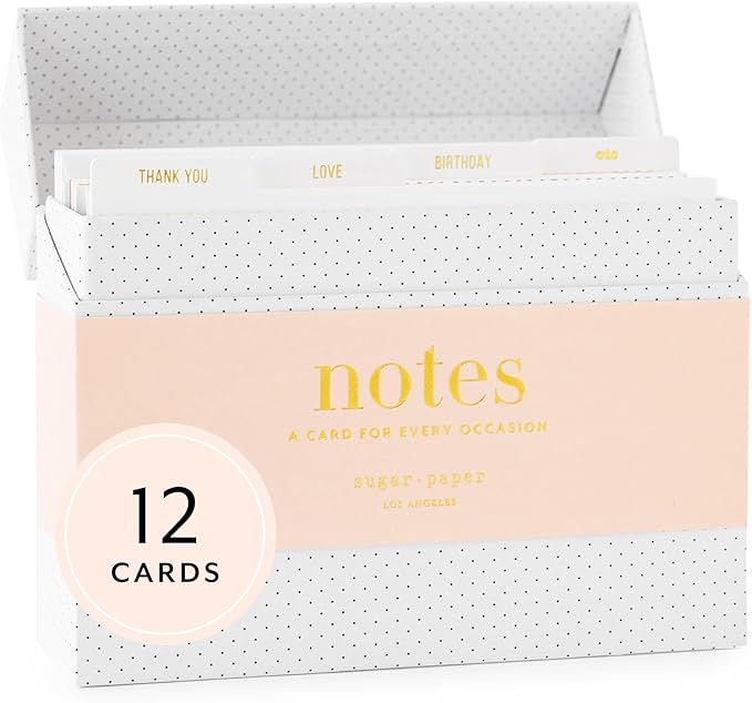 Sugar Paper Cards For Every Occasion Card Box, Greeting Card Assortment Box with Dividers, Set of 12 Greeting Cards and Envelopes, Birthday Cards, Thank You Cards, Generic Cards, Blank Inside, 6.25" x