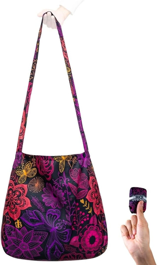 Nanobag Ultra-Lightweight Men and Women Sling Bag, Heavy Duty Foldable Crossbody Bag for Travel and Shopping, Packable Reusable Grocery Tote with Handles (Neon Flowers)