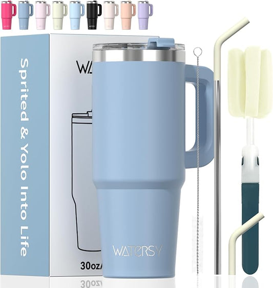 20 oz Tumbler with Handle,Tumbler with Lid and Straw,Double Wall Insulated Cup Stainless Steel Travel Mug(Cold for 34 Hours),Water Bottle for Iced Tea,Coffee,Cold Beverages(Smog Blue)