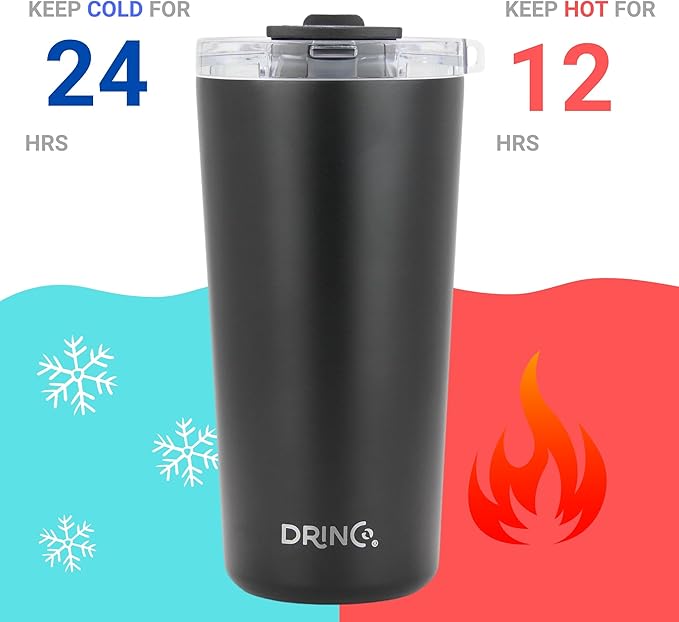 Drinco - 20 oz Stainless Steel Tumbler | Double Walled Vacuum Insulated Mug With Lid, 2 Straws, For Hot & Cold Drinks (20oz Black, 20oz)