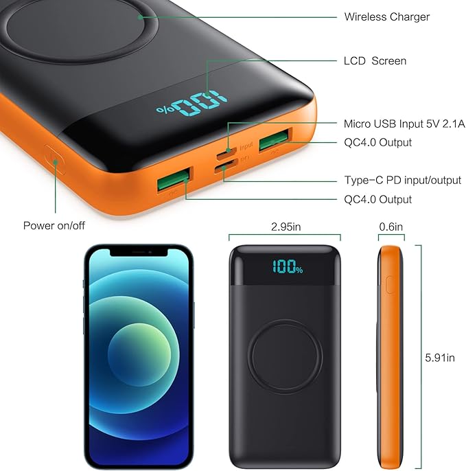 Wireless Portable Charger 30800mAh 15W Wireless Charging 25W PD QC4.0 Fast Charging Smart LED Display USB C Power Bank 4 Output and 2 Input External Battery Pack Compatible with iPhone Samsung-Orange