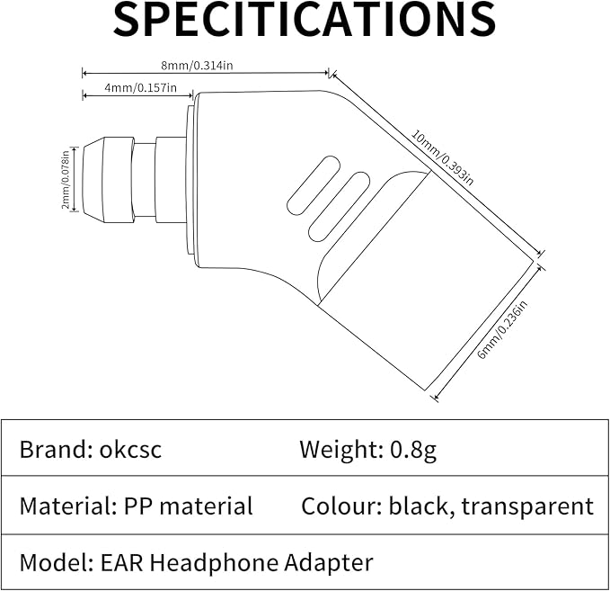 okcsc Ear Male to Recessed 2PIN Female Headphone Adapter for Earbuds to Recessed 2PIN Cable for Pentaconn Ear PE Mini Adapter for HS1511 HS1511CU 1750CU 1300ss Madoo Typ821 Madoo M001 1 Pair Clear
