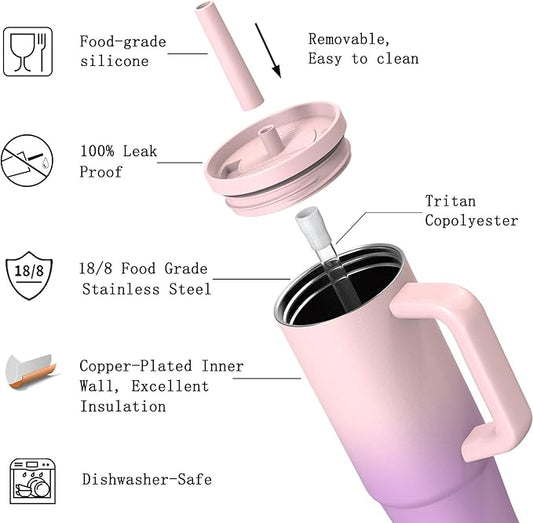 TILUCK 30 oz Tumbler with Handle, Vacuum Insulated Stainless Steel Travel Mug with 100% Leak-Proof Silicone Straw Lid, Cupholder Friendly Water Bottle(PinkPurpleGradient, 30oz)