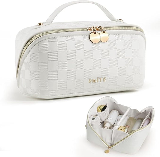 Prite Makeup Bag for Women Travel Waterproof Vegan Leather Cosmetic Bag Open Flat Toiletry Bag With Clear Divider and Handle (Plaid Beige)