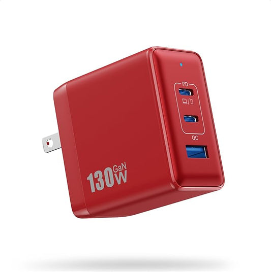 130W USB C Charger Block,3-Port GaN Fast Charger,Compact Foldable Type C Fast Charging Wall Charger,PD QC 65W USB C Laptop Charger for MacBook Pro/Air,iPad Pro,iPhone16/15,Galaxy Series etc(Red)