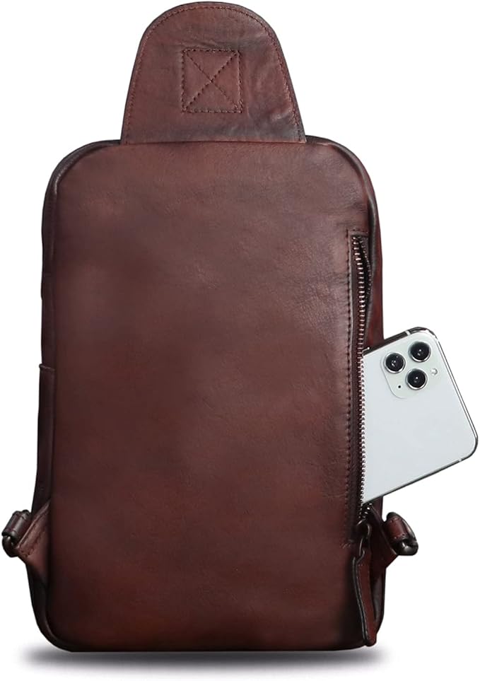 IVTG Genuine Leather Sling Bag Casual Shoulder Hiking Backpack Vintage Handmade Crossbody Bag Retro Chest Daypack (Coffee)