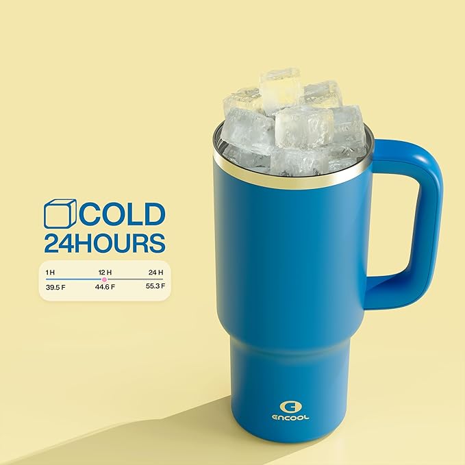 32 oz Tumbler with Handle and Straw: Stainless Steel Insulated Tumbler Keeps Cold for 24 Hours, Leakproof Travel Cup Fits in Cup Holder and BPA-Free, Celtic Blue