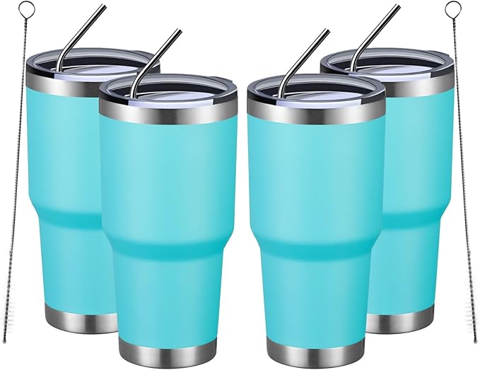 MEWAY 30oz Insulated Tumbler With Lids and Straws,Stainless Steel Double Vacuum Coffee Tumbler Cup, Brush, Durable Powder Coated Coffee Cup for Cold & Hot Drinks, Office, Travel(Light Blue,4 PACK)