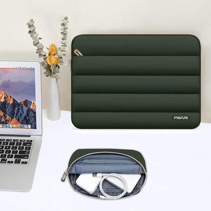 MOSISO 13.3 inch Laptop Case, 13-13.3 inch Puffy Laptop Sleeve Compatible with MacBook Air 13 13.6 M4 M3 M2 M1/Pro 13/Pro 14, HP Dell ASUS Lenovo,Polyester Horizontal Bag with Small Case, Army Green