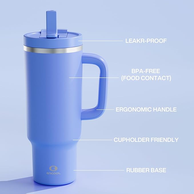 40 oz Tumbler with Handle and Straw: Stainless Steel Insulated Tumbler Keeps Cold for 24 Hours, Leakproof Travel Cup Fits in Cup Holder and BPA-Free, Cornflower Blue