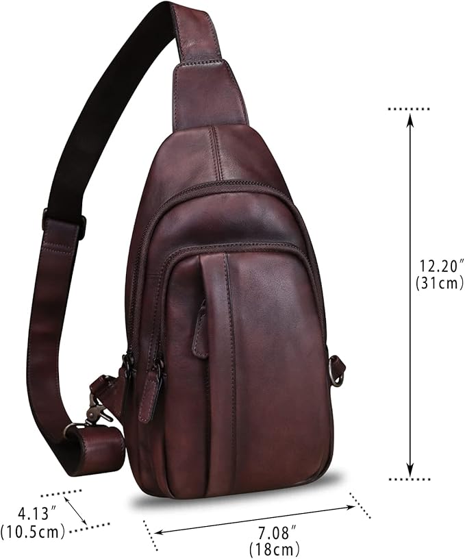 IVTG Genuine Leather Sling Bag Crossbody Casual Hiking Daypack Vintage Handmade Chest Shoulder Backpack Motorcycle Cycling Purses (Coffee)