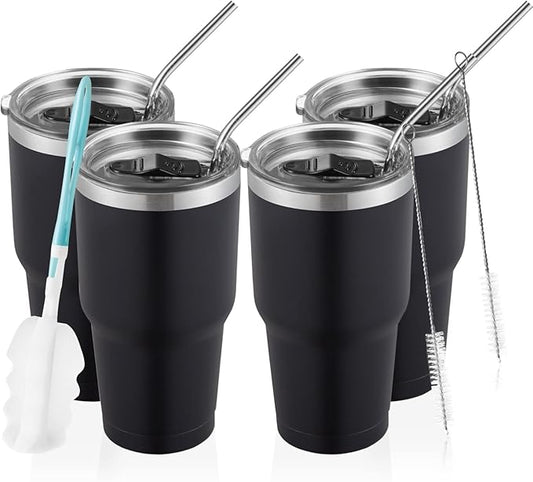 COMOOO 30oz Matte Black Tumbler Bulk Stainless Steel Insulated Tumbler with Lid Double Wall Vacuum Coffee Cup Large Travel Mug for Hot and Cold Drinks, Home, Office, School,Party (Black, 4 Pack)