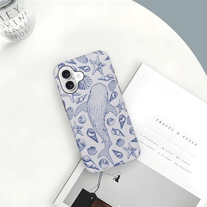 DAIZAG Case Compatible with iPhone 16 Plus,Fit Shockproof Cover for Women Girls,Blue Seashell Whale Shark Ocean