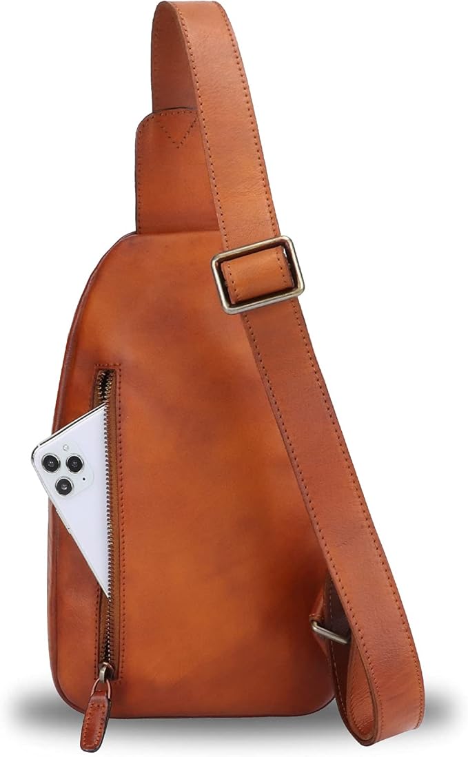 IVTG Genuine Leather Sling Bag Chest Shoulder Pack Crossbody Casual Daypack Vintage Handmade Hiking Backpack Motorcycle Bag (Brown) Medium