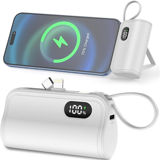 Mini Power Bank Portable Charger with Portable Connector, USB-C Compact Battery Pack Travel Portable Phone Charger Compatible with iPhone 16/16 Pro Max/15/14/13/12/11/XR Android Phones etc