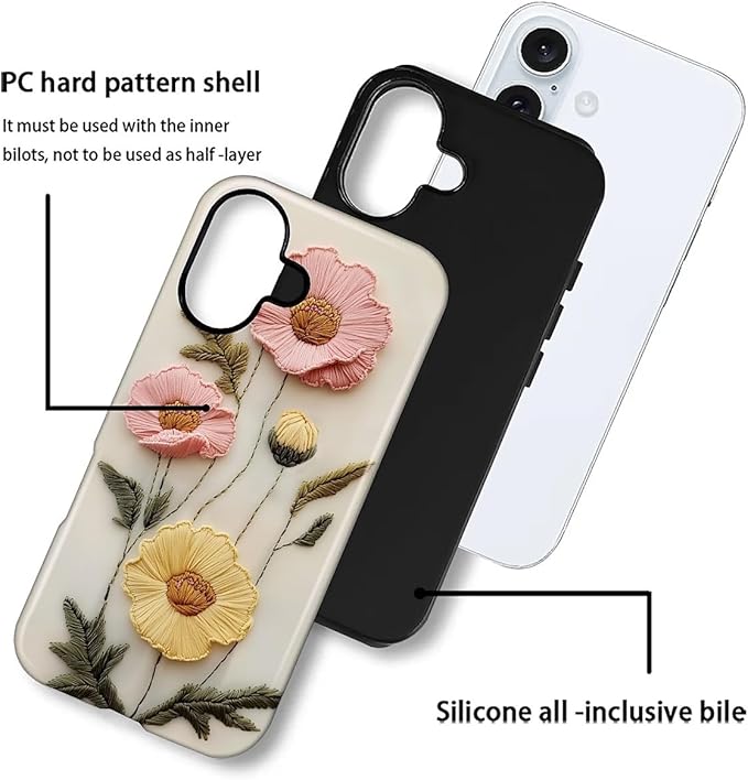 Case for iPhone 16 Plus Case,Faux Embroidery Boho Floral Design - Hybrid Dual Protection Silicone + Hard PC Shockproof Full Body Cover Slim Anti-Scratch Protective Case for Men Women