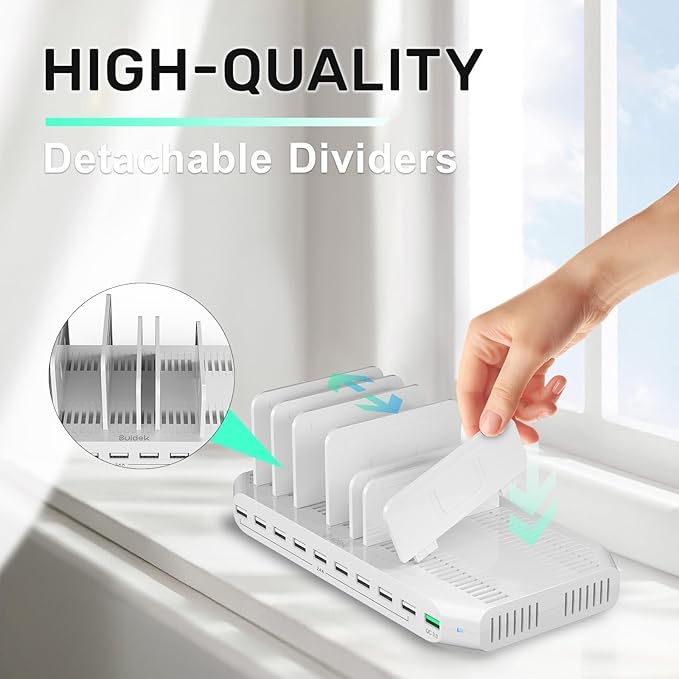 Multiple Device USB Charging Station, 10 Ports Charging Station for Multiple Devices, USB Charging Dock with Adjustable Dividers Compatible with Tablets, Smartphones-60W