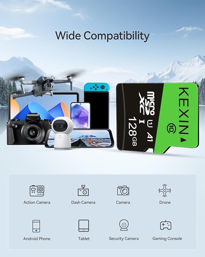 KEXIN 128GB Micro SD Card 5 Pack with SD Adapter microSDXC Memory Card UHS-I C10 U1 Micro SD Card Full HD High Speed TF Card for Tablet Action Camera Dash Cam Drone Game Console, 128 G 5 Pack