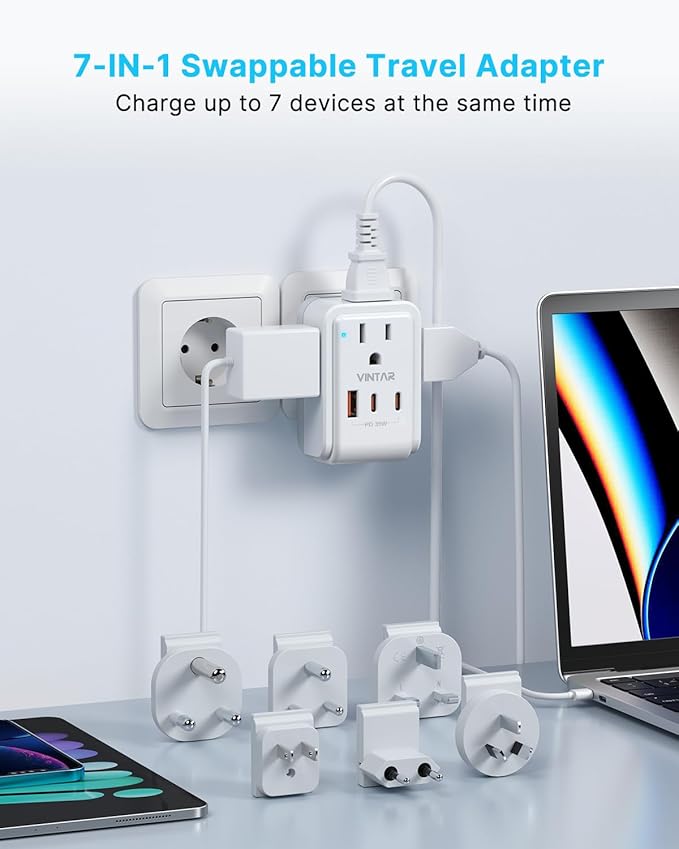 Universal Travel Adapter Kit, VINTAR 35W 5FT Detachable Extension Cord with 4 AC and 3 USB Ports(2 USB-C), Type A, C, D, G, I, M International Power Adapter for EU/India/South Africa