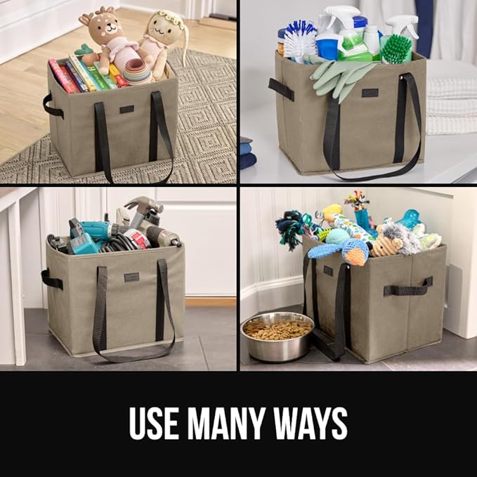 GORILLA GRIP Heavy Duty Foldable Reusable Grocery Bags, Tear Resistant Box Shape Shopping Tote with Reinforced Handles, Grip Feet, Easily Carry and Transport Groceries, 13x10x11, 1 Pack, Beige Black