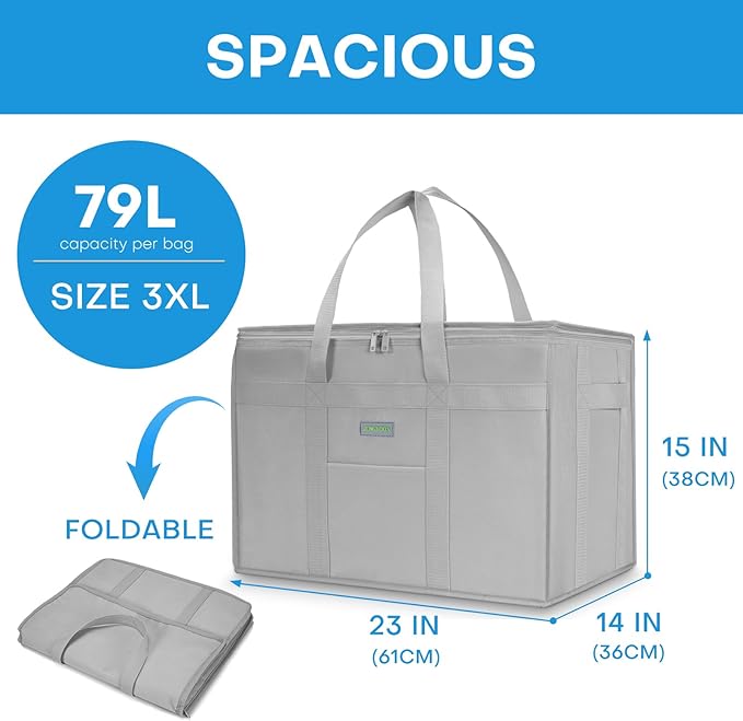 JUNGYOON 2-Pack Heavy-Duty Insulated Grocery Bags & Food Delivery Bag – Collapsible Cooler Bag with Zippered Top | Reusable Shopping Bags for Groceries, Picnics, Easy Storage(XXXL Grey)