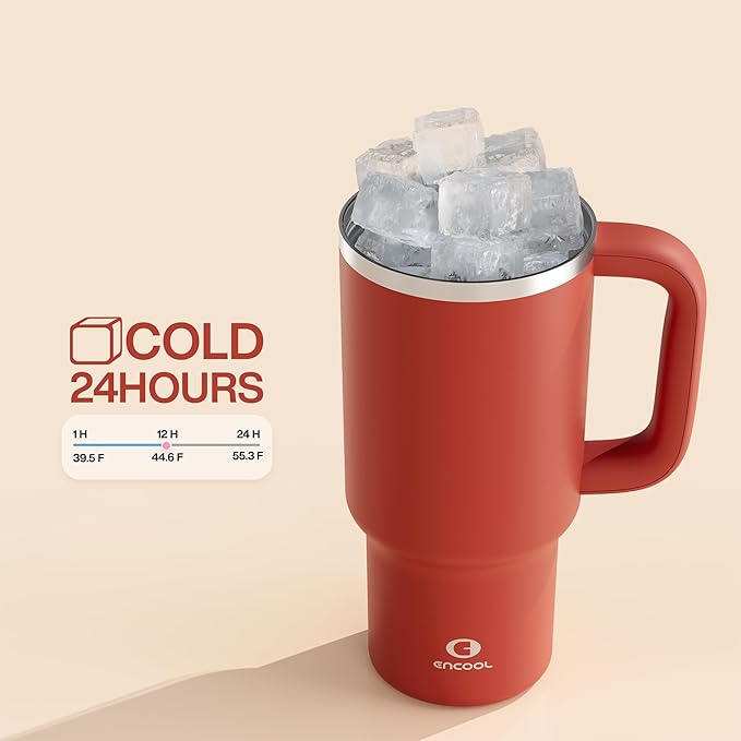 32 oz Tumbler with Handle and Straw: Stainless Steel Insulated Tumbler Keeps Cold for 24 Hours, Leakproof Travel Cup Fits in Cup Holder and BPA-Free, Medium Carmine