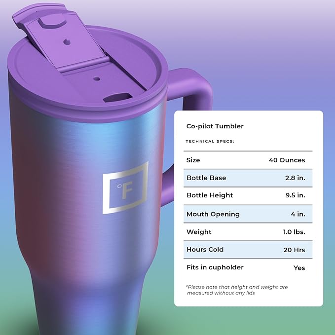 IRON °FLASK Co-Pilot Insulated Mug w/Straw & Flip Cap Lids - Cup Holder Bottle for Hot, Cold Drink - Leak-Proof - Water, Coffee Portable Travel Mug - Aurora, 40 Oz