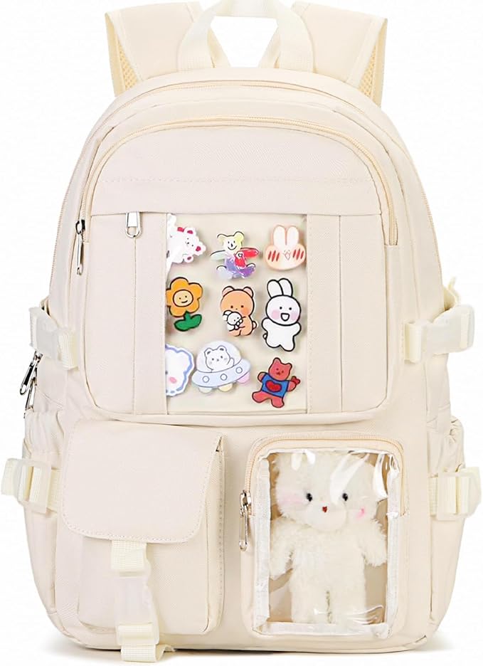 Kawaii Backpack for Teen Girls, Cute Aesthetic High Middle School College Bookbag with Accessories, Beige