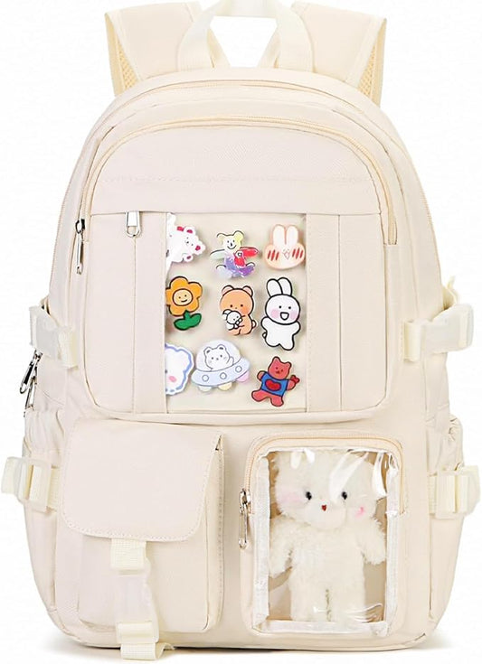 Kawaii Backpack for Teen Girls, Cute Aesthetic High Middle School College Bookbag with Accessories, Beige