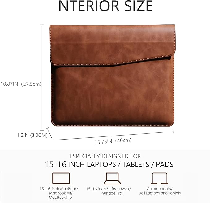 Leather Laptop Sleeve Compatible with MacBook Pro 16 Inch M4 M3 M2 M1 Pro/Max＆MacBook Air 15 Inch M4 M3 M2, Genuine Leather Protective Case Cover,Brown