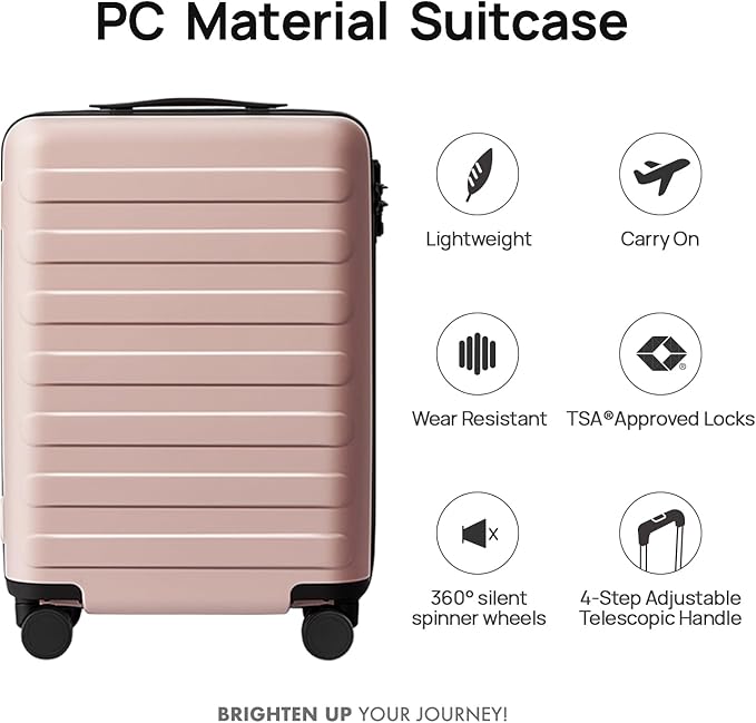NINETYGO Carry On Luggage 22x14x9 Airline Approved, 20 Inch Luggage with Smooth Spinner Wheels, Lightweight, Hard Shell PC Suitcase Carry-On, Travel Luggage, TSA Approved (Pink, Rhine Basic)